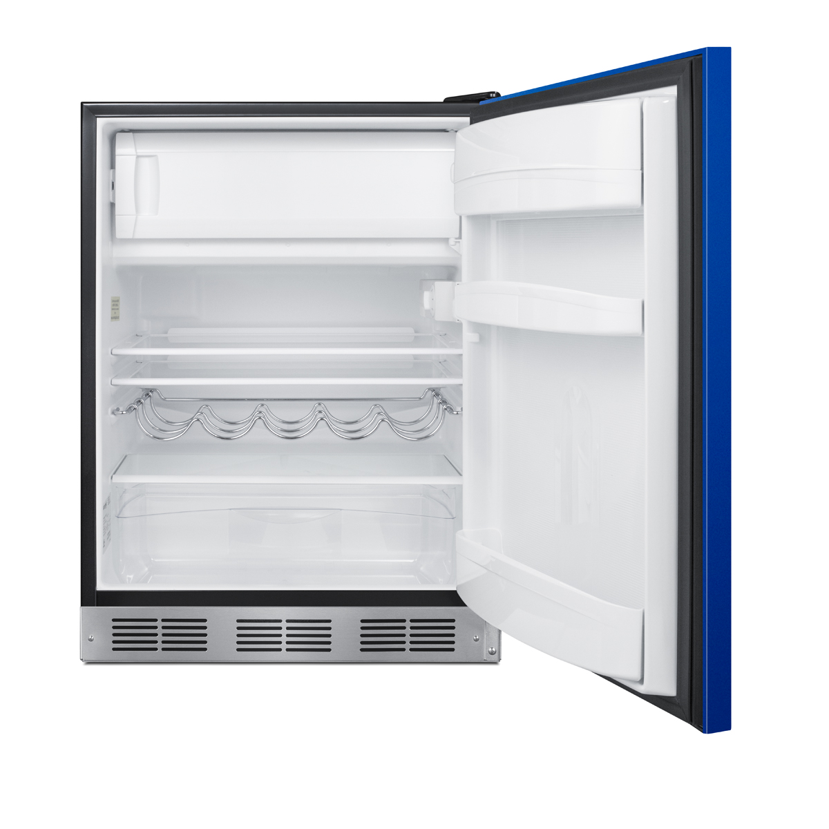 24 in. wide ADA height refrigerator-freezer for residential use with a cobalt blue door, stainless steel handle, and black cabinet